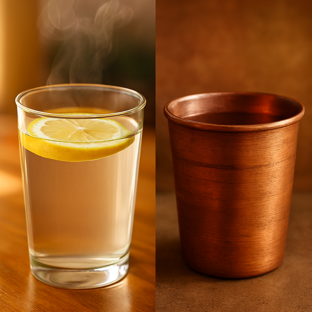 Split image showing two hydration options: on the left, a clear glass of steaming lemon water with a floating lemon slice on a wooden surface; on the right, a traditional copper cup filled with water against a warm, earthy background.
