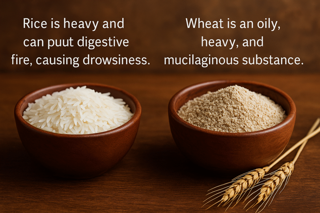 A realistic image showing a bowl of white rice described as heavy and causing drowsiness, and a bowl of wheat flour with wheat stalks symbolizing its oily, heavy, mucilaginous nature.