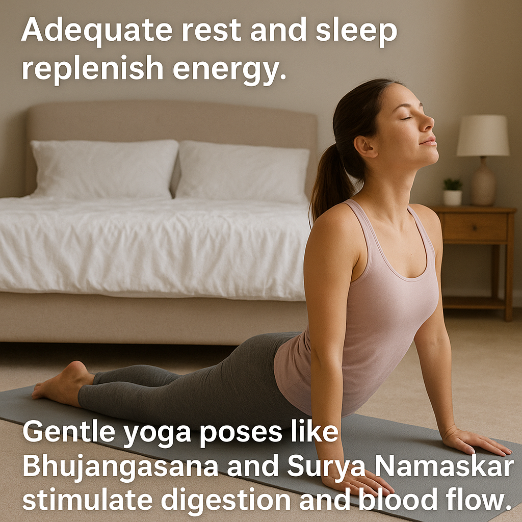 Woman practicing Bhujangasana yoga pose indoors with text highlighting the benefits of rest and yoga for energy and digestion.