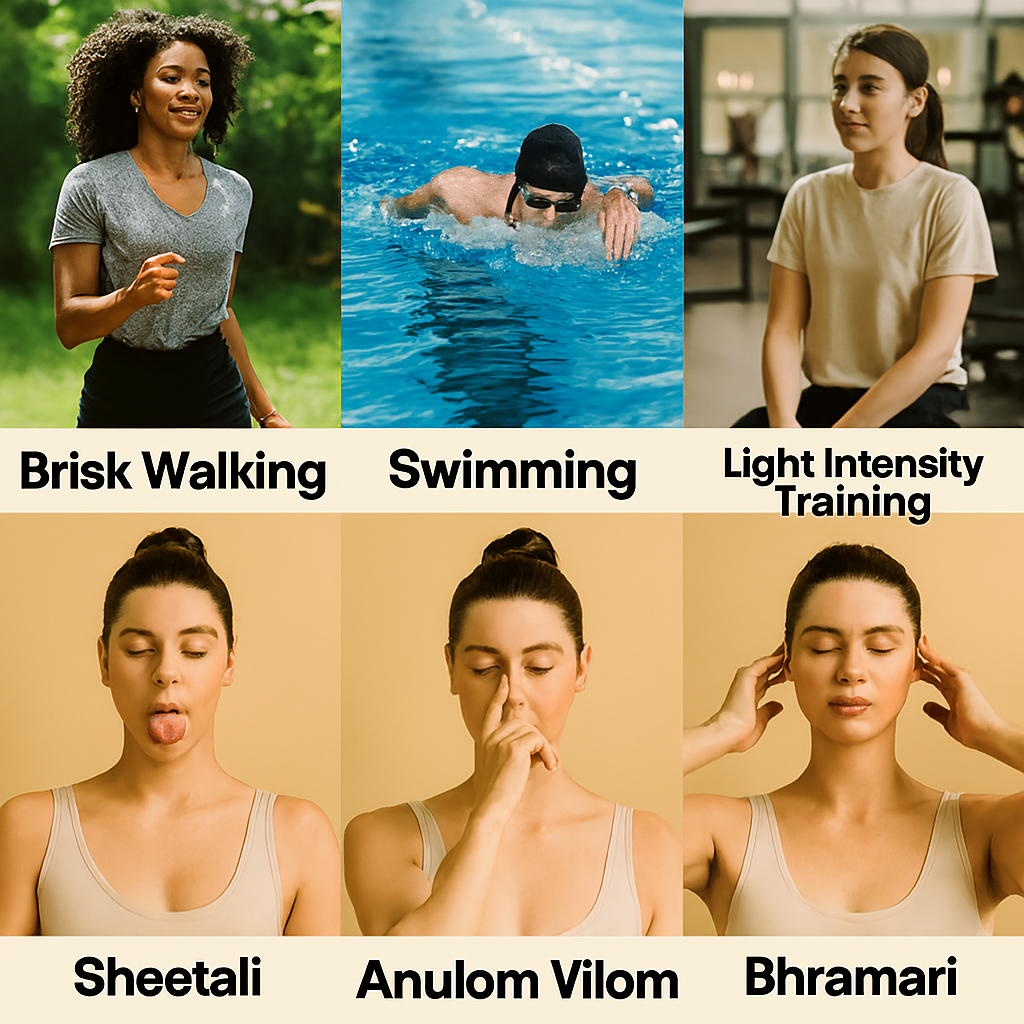 Realistic collage showing brisk walking in a park, swimming in a pool, light intensity training in a gym, and three breathing techniques—Sheetali (cooling breath with tongue rolled), Anulom Vilom (alternate nostril breathing), and Bhramari (humming bee breath with fingers on ears)—each labeled and arranged in a warm, earthy-toned layout.