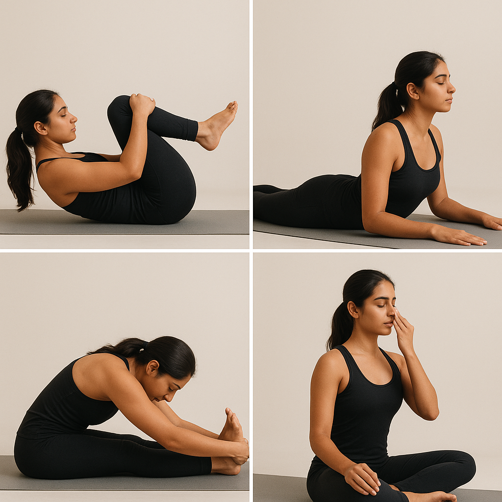 A woman practicing yoga poses including Pawanmuktasana (wind-relieving pose), Bhujangasana (cobra pose), Paschimottanasana (seated forward bend), and Pranayama (breathing exercise) on a yoga mat indoors.