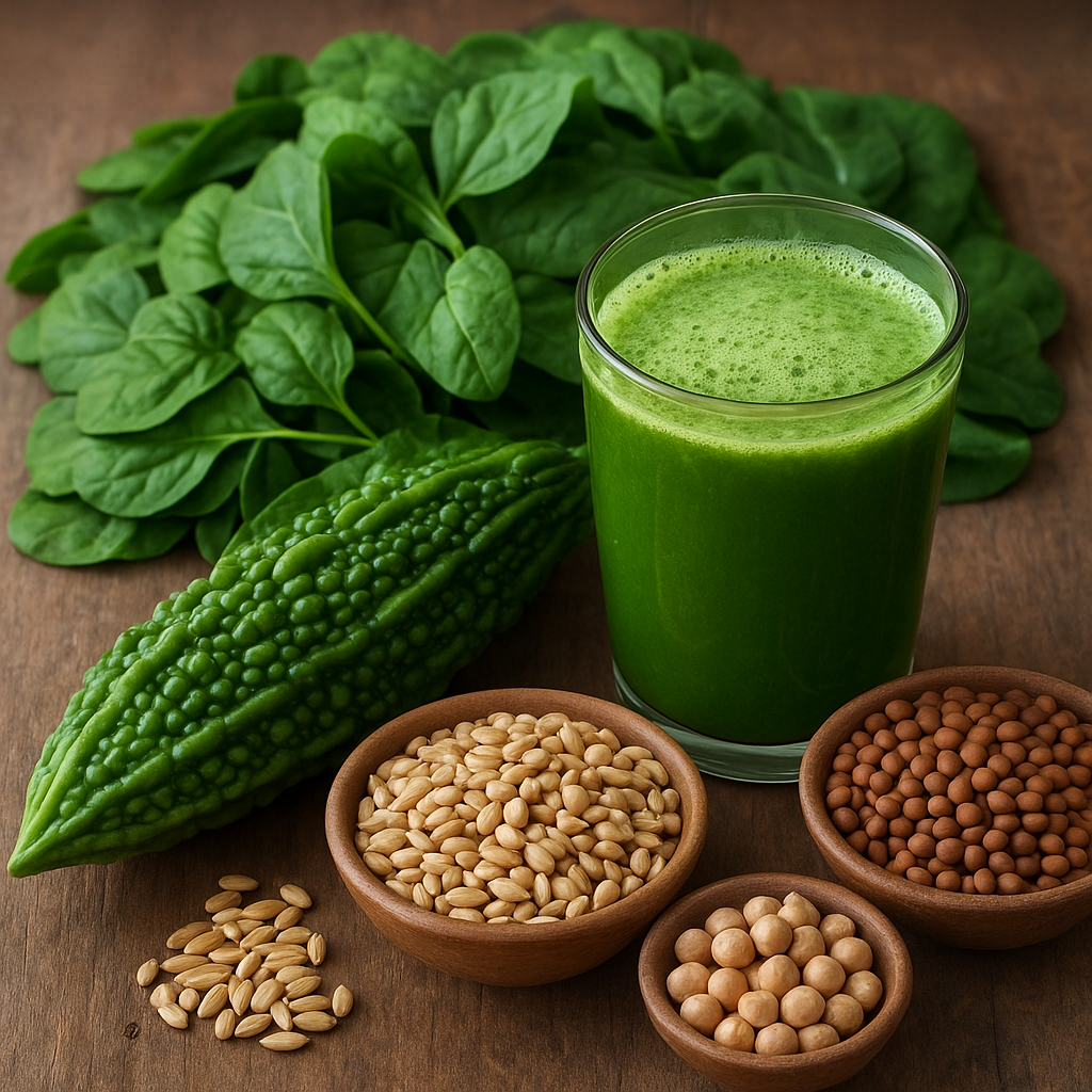 A glass of fresh bitter gourd juice surrounded by whole grains, legumes, and green leafy vegetables on a rustic wooden table.