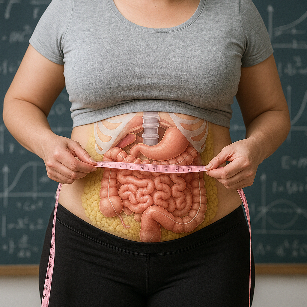 Woman measuring waist with tape showing scientific concept of 15-day belly fat loss, digestive system illustration, and metabolism improvement.