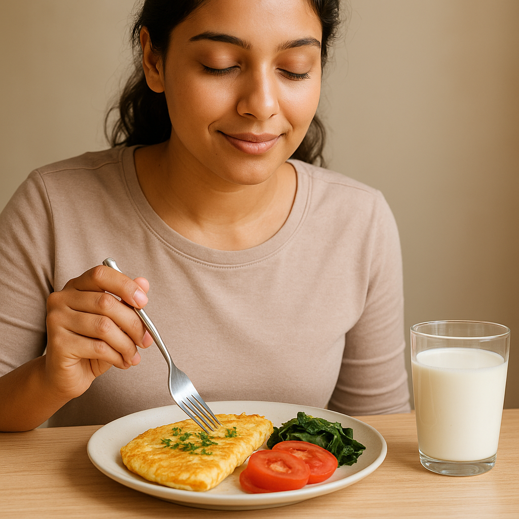 Woman eating a healthy high-protein breakfast with an omelette, tomatoes, greens, and a glass of milk on a wooden table.