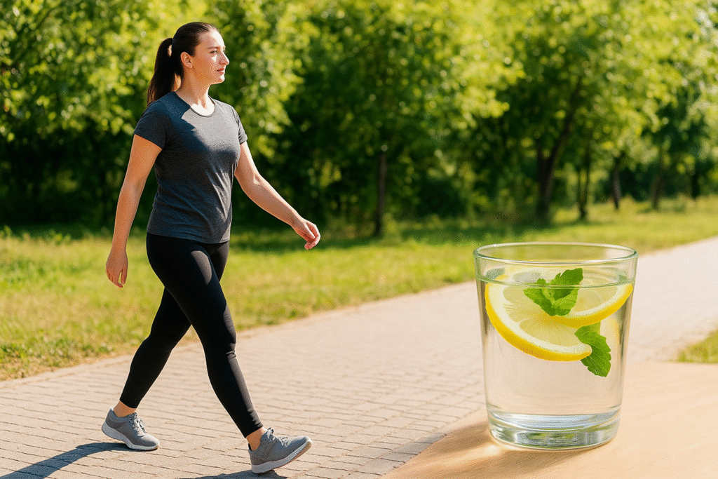 Woman walking outdoors on a sunny morning with a glass of lemon-mint water symbolizing hydration and wellness.