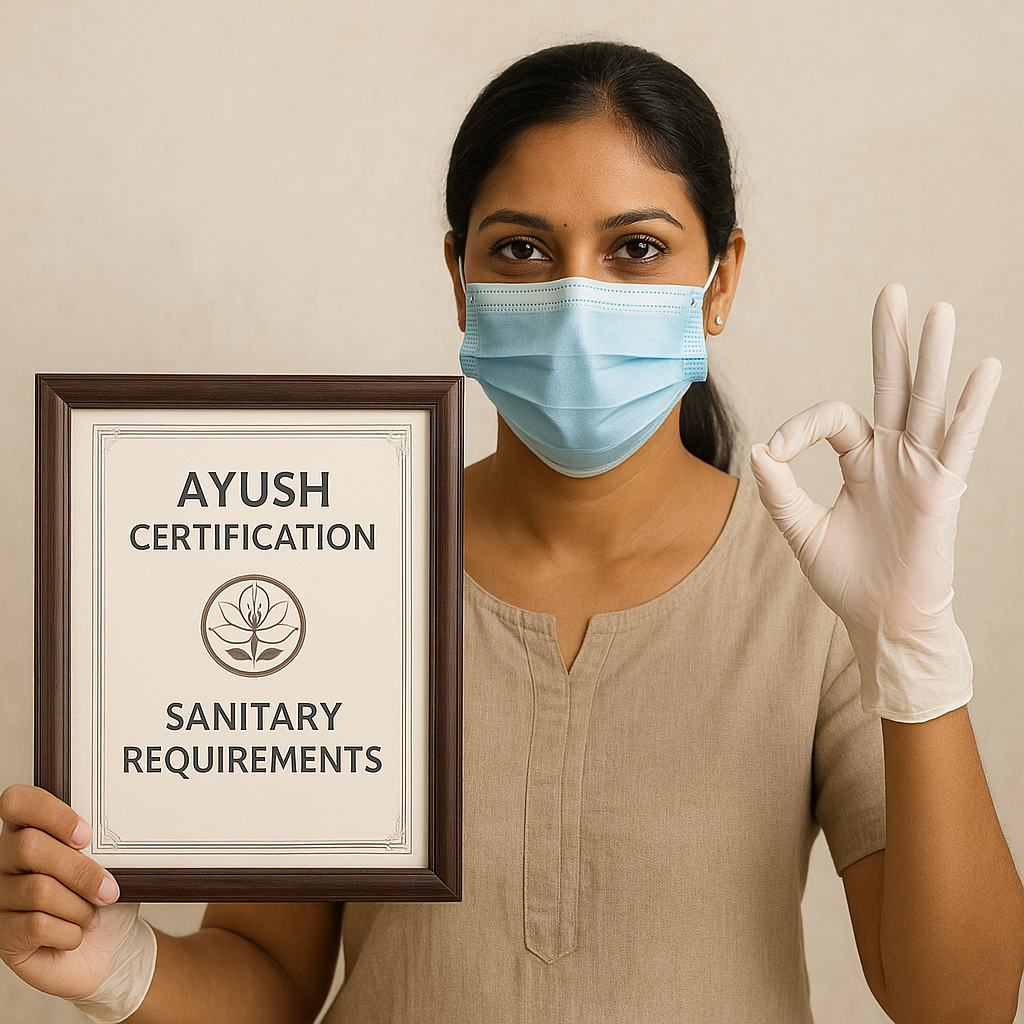 Woman wearing a mask and gloves holding an AYUSH Certification frame, symbolizing sanitary standards and safety in India’s wellness sector.