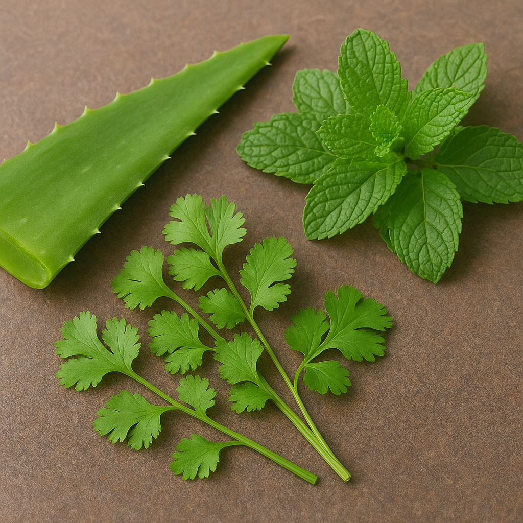 Aloe vera leaf, mint sprig, and coriander leaves arranged neatly on a brown stone surface.