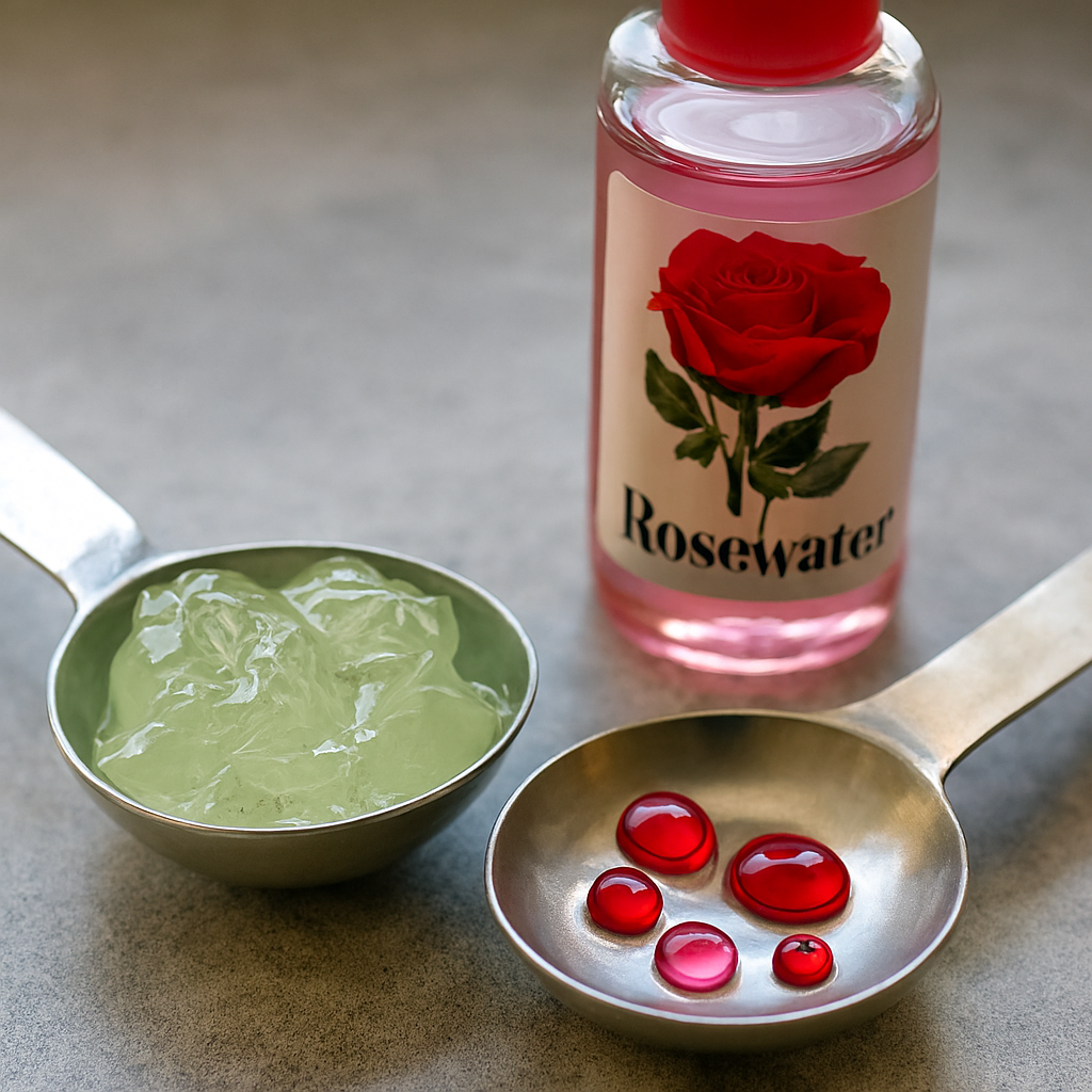 Two stainless steel measuring spoons on a gray countertop—one filled with pale green aloe vera gel, the other holding five glossy red drops of rosewater. A rosewater bottle with a red rose label stands behind them.