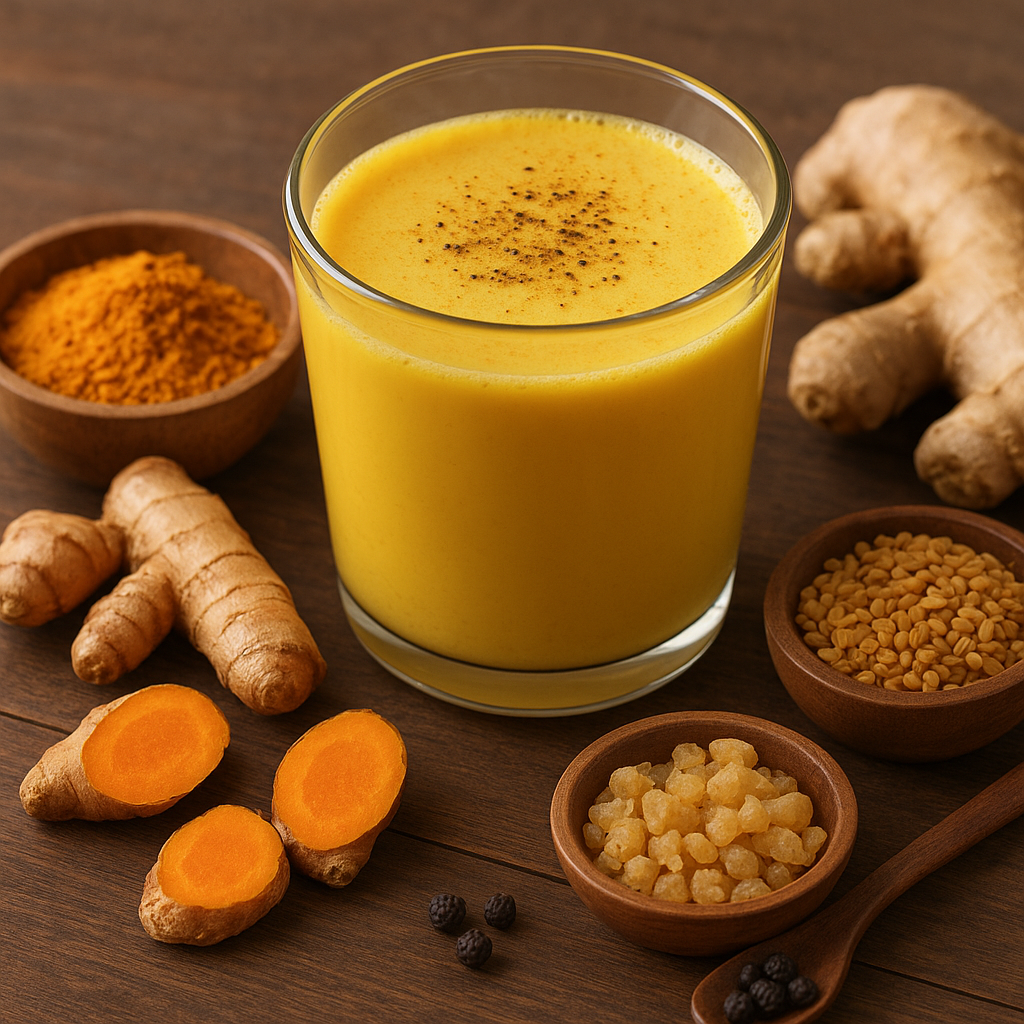 A glass of turmeric milk surrounded by turmeric roots, ginger, fenugreek seeds, boswellia resin, and black pepper on a wooden table.