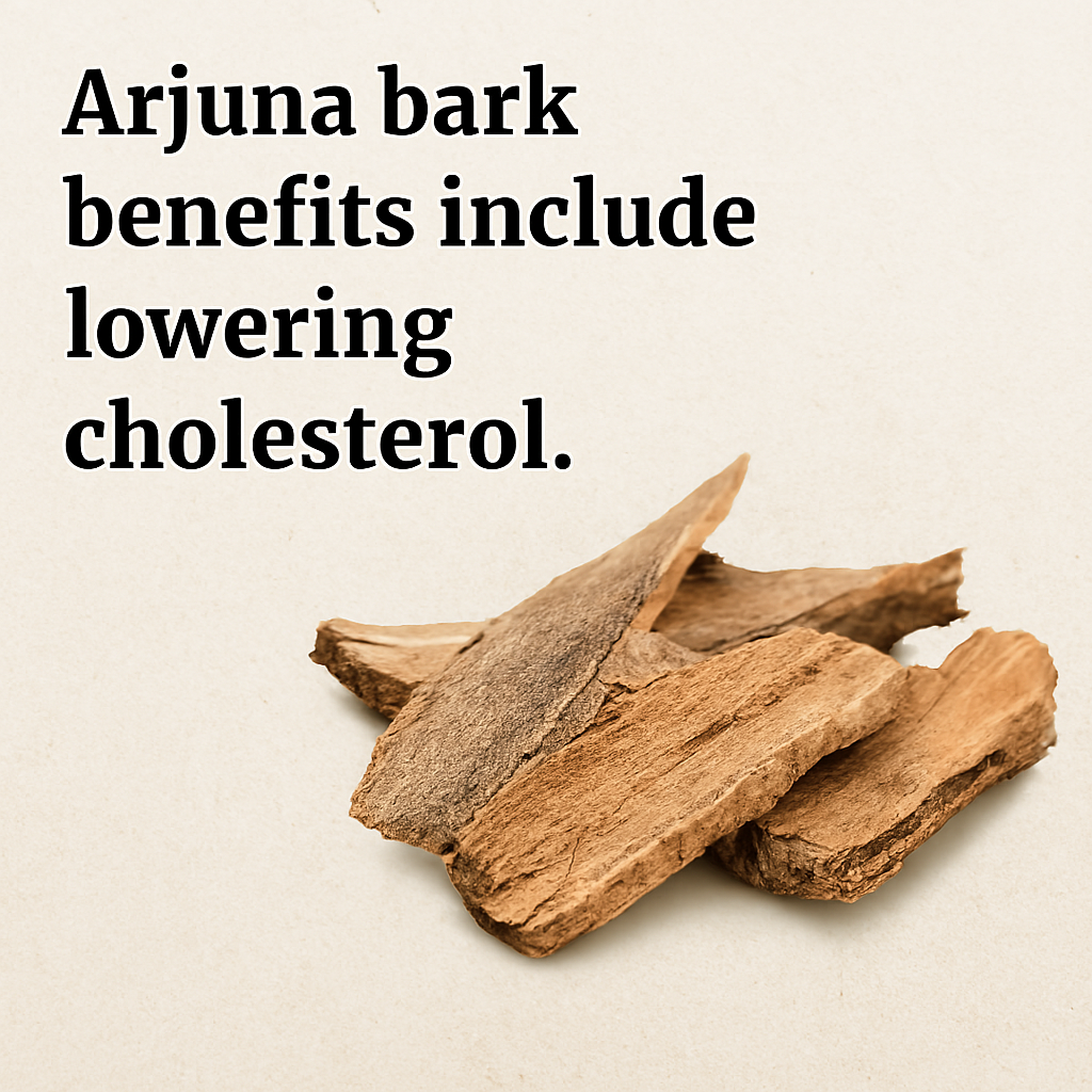 Close-up of dried Arjuna bark pieces on a neutral background with bold text stating “Arjuna bark benefits include lowering cholesterol” — styled for Ayurvedic wellness education.