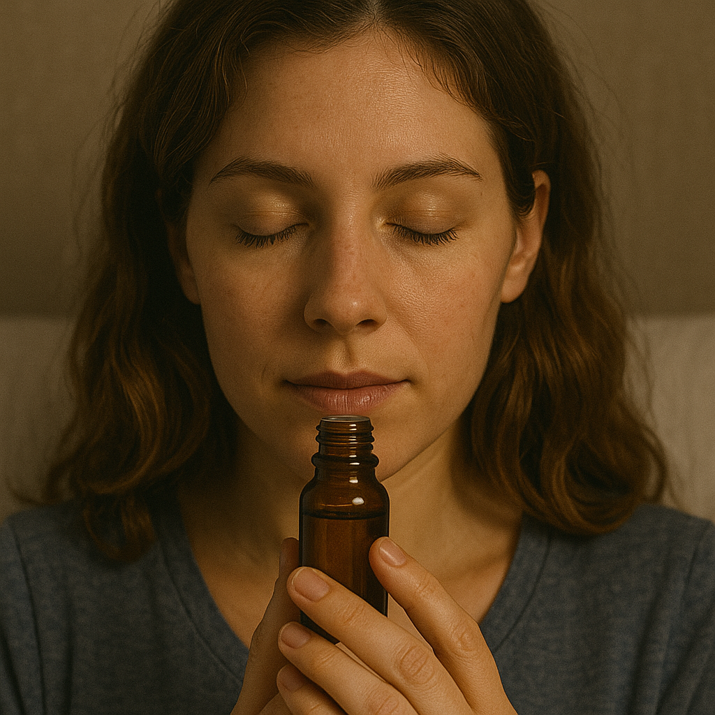 A calm woman with closed eyes gently holding an amber essential oil bottle near her face, enjoying the relaxing aroma in warm ambient light.