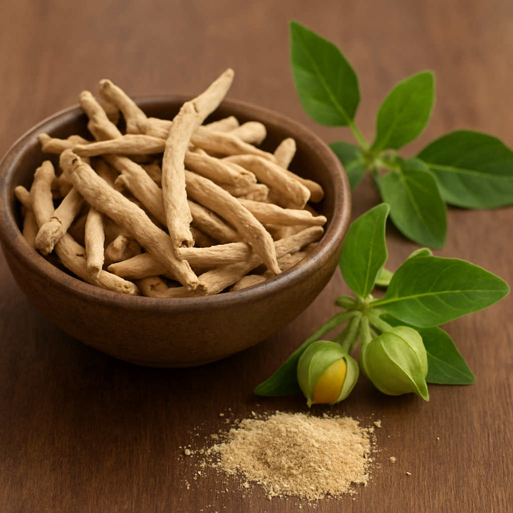 Ashwagandha roots in a wooden bowl with fresh green leaves, yellow berries, and powder on a wooden surface.