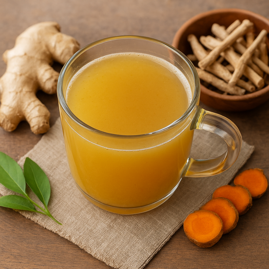 Glass cup of golden Ashwagandha and Ginger Detox Drink with fresh ginger, ashwagandha roots, and turmeric slices arranged on a wooden surface.