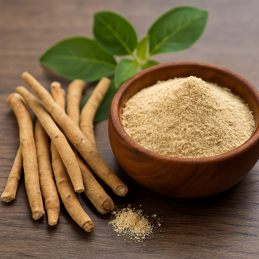 Close-up of fresh ashwagandha roots and powdered ashwagandha in a wooden bowl with green leaves, representing its stress-relieving and cortisol-lowering benefits.