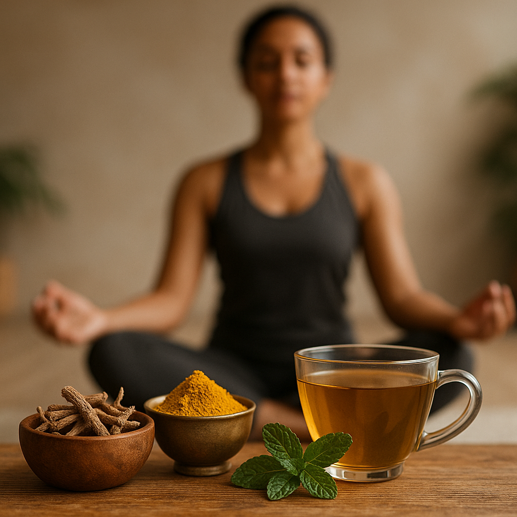 Bowls of Ayurvedic herbs and turmeric beside herbal tea, with a woman meditating in the background symbolizing yoga and mindfulness.