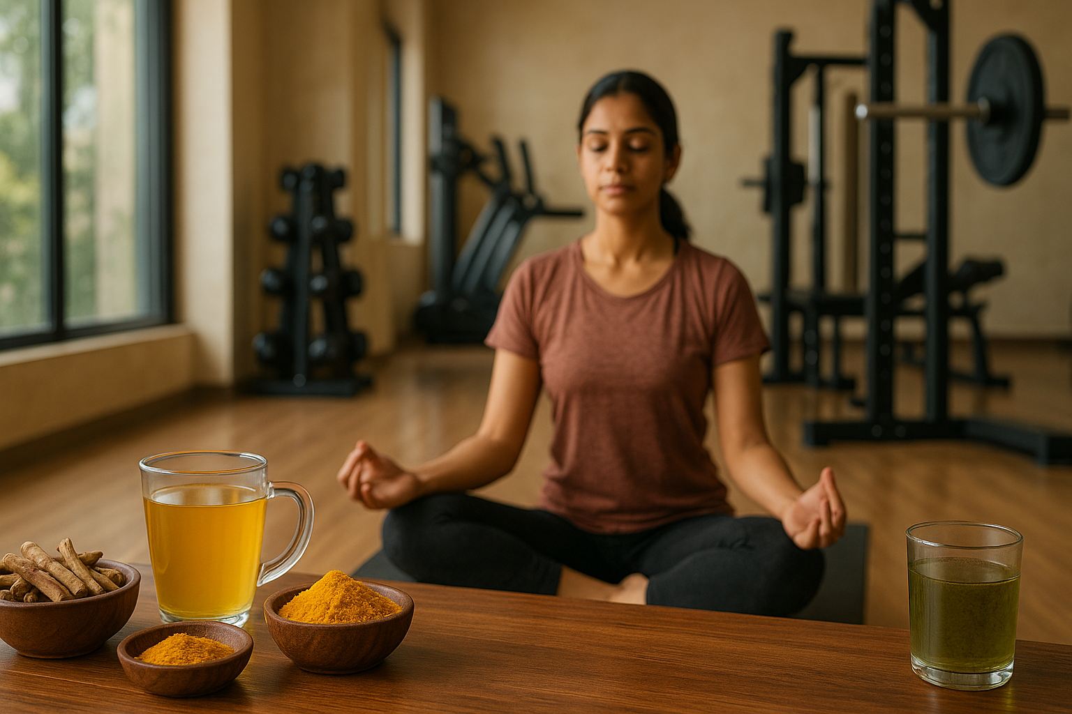 Indian woman meditating in a gym with Ayurvedic herbs like ashwagandha and turmeric on a table, symbolizing the merge of Ayurveda and modern fitness.