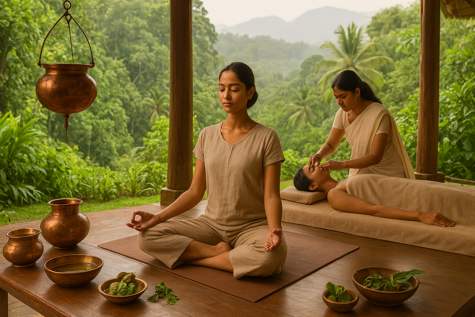 A woman meditating beside an Ayurvedic therapy session in a peaceful Indian wellness retreat surrounded by greenery and copper vessels.