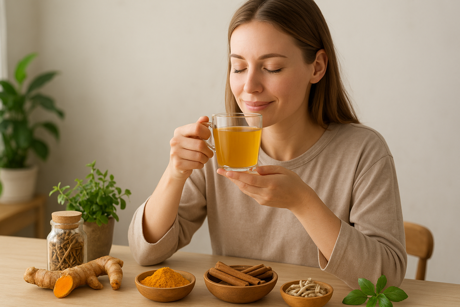 “Woman enjoying Ayurvedic herbal detox drink for PCOS relief using turmeric, cinnamon, and shatavari.”