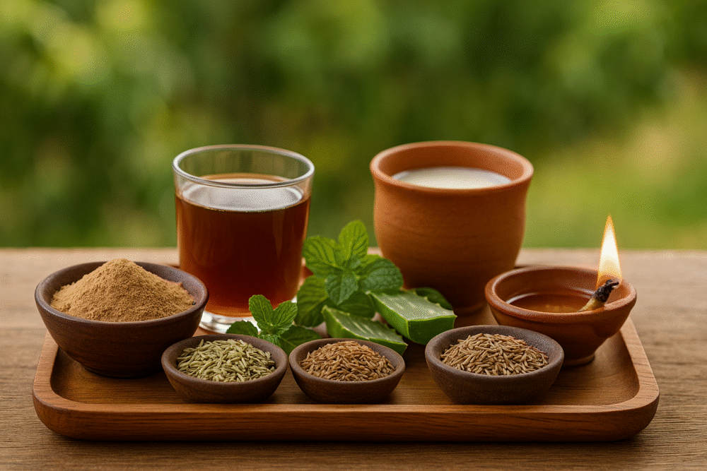 Ayurvedic home remedies using Triphala, fennel, and aloe vera for natural acidity and indigestion relief