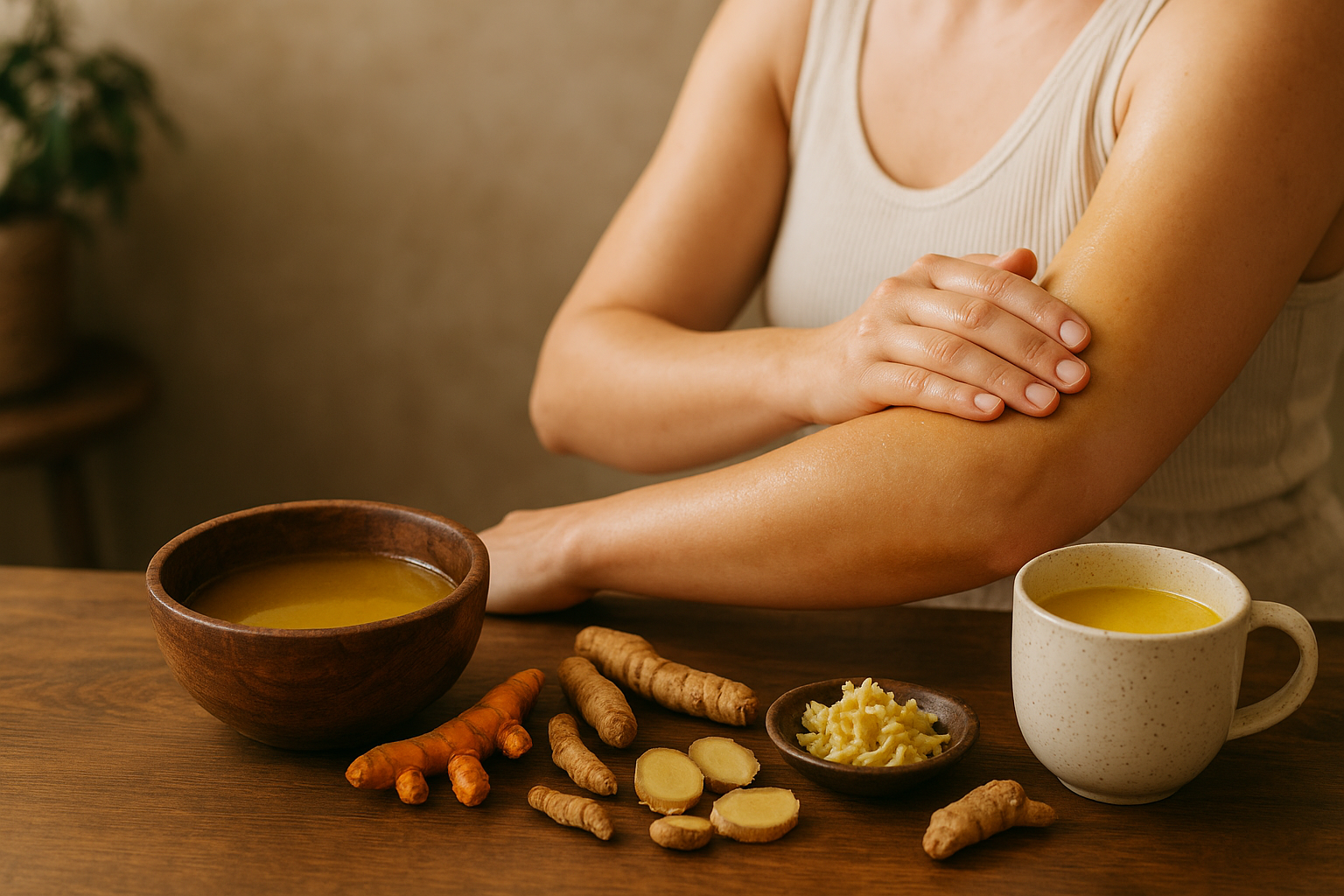 A person massaging their arm with Ayurvedic herbal oil surrounded by turmeric roots, ginger, and a cup of golden milk for natural muscle soreness relief.