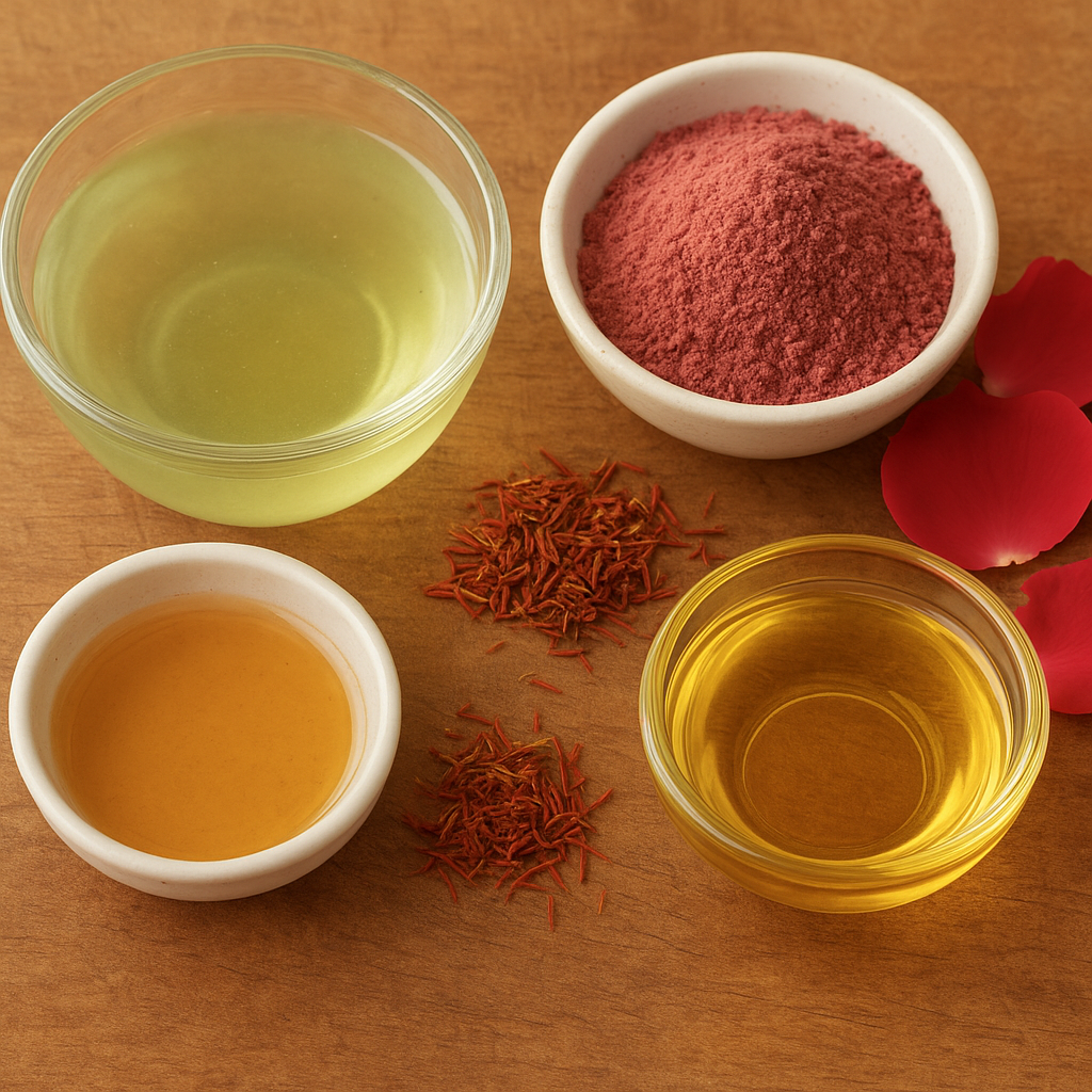 Bowls of basil water, rose water, rose petal powder with honey, and safflower and grape seed oil on a wooden surface for Ayurvedic skincare.