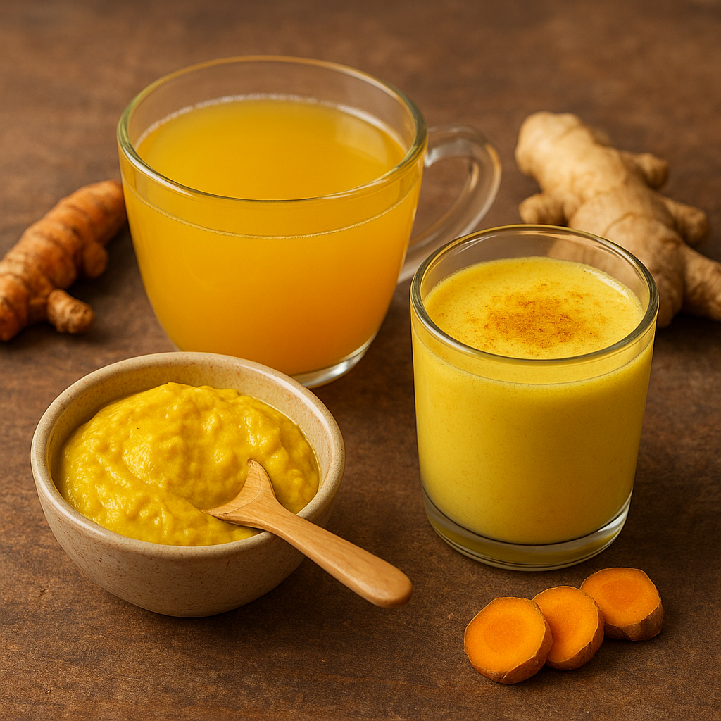 A realistic photo showing a cup of turmeric ginger tea, a bowl of gram flour turmeric face pack, and a glass of golden milk on a wooden surface with fresh turmeric and ginger roots.