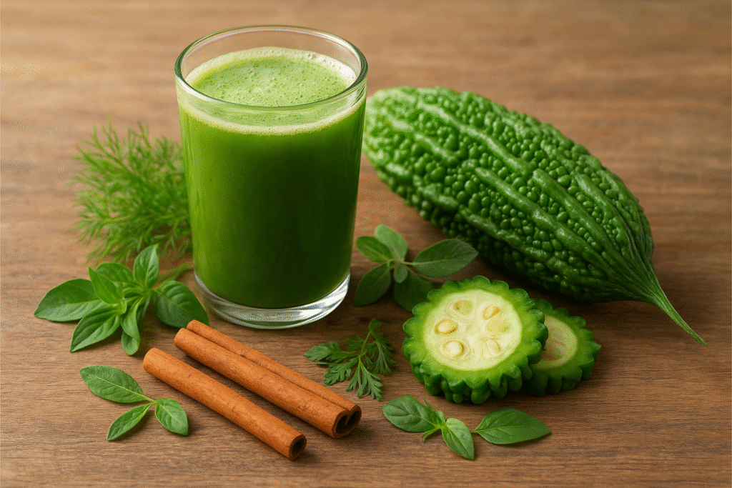 Fresh bitter gourd, sliced bitter melon, and cinnamon sticks on a wooden table with green Ayurvedic herbs, symbolizing natural blood sugar balance and herbal healing.