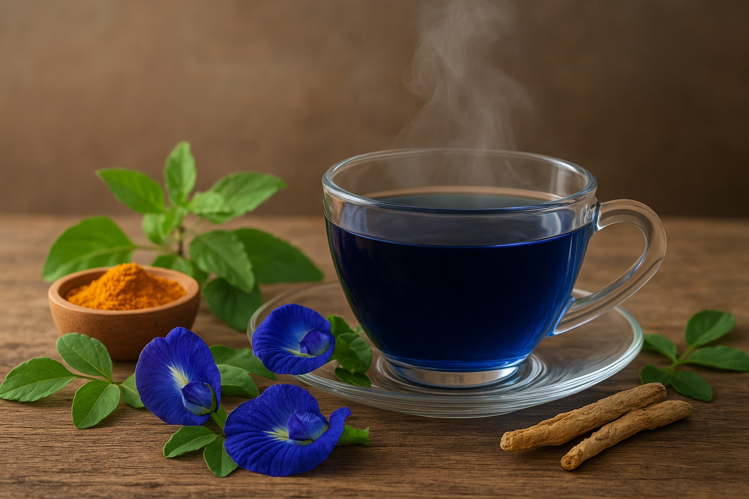 Realistic image of Butterfly Pea Flower (Aparajita) tea with turmeric, tulsi, and ashwagandha on a wooden table.