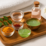 “A wooden tray with turmeric powder, neem leaves, aloe vera gel, saffron strands, and rose water arranged for Ayurvedic home skincare remedies.”