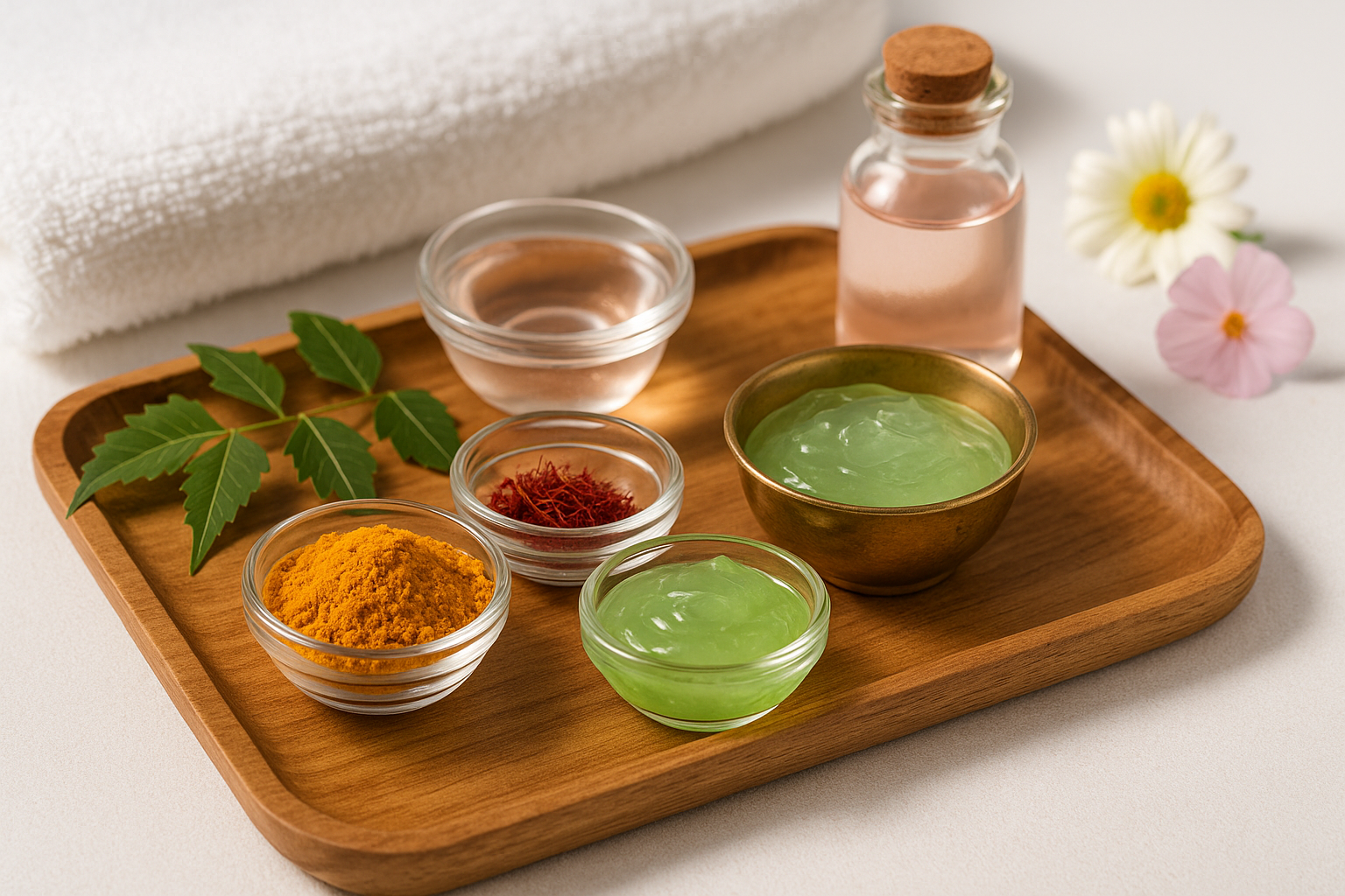 “A wooden tray with turmeric powder, neem leaves, aloe vera gel, saffron strands, and rose water arranged for Ayurvedic home skincare remedies.”