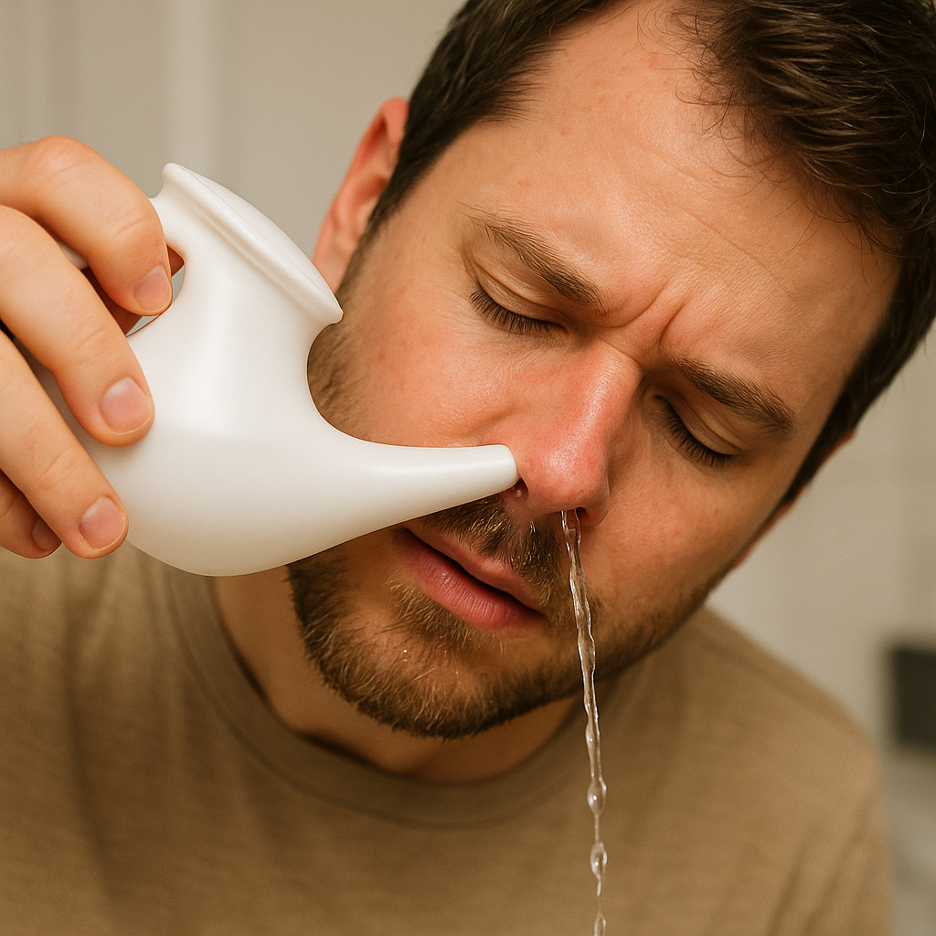 Man using a white neti pot to cleanse his sinuses with warm saline water, liquid flowing from nostril