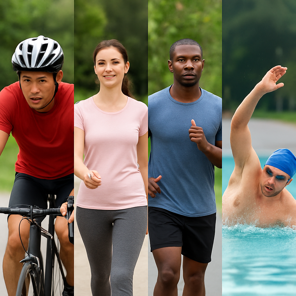 A collage of people engaging in cycling, brisk walking, jogging, and swimming, representing natural ways to reduce high blood pressure through regular exercise.