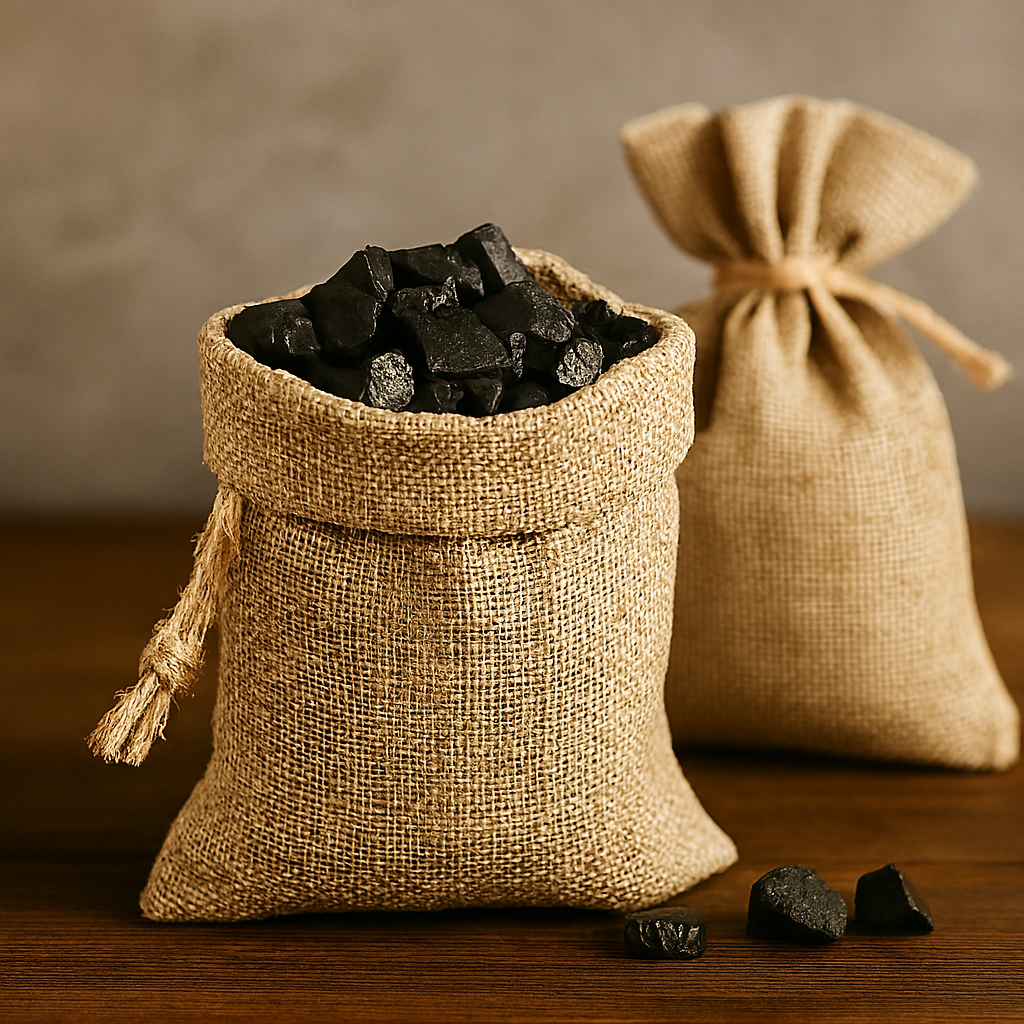 Close-up of two beige burlap bags filled with activated charcoal on a wooden surface, with scattered charcoal pieces and a soft gray concrete wall in the background.