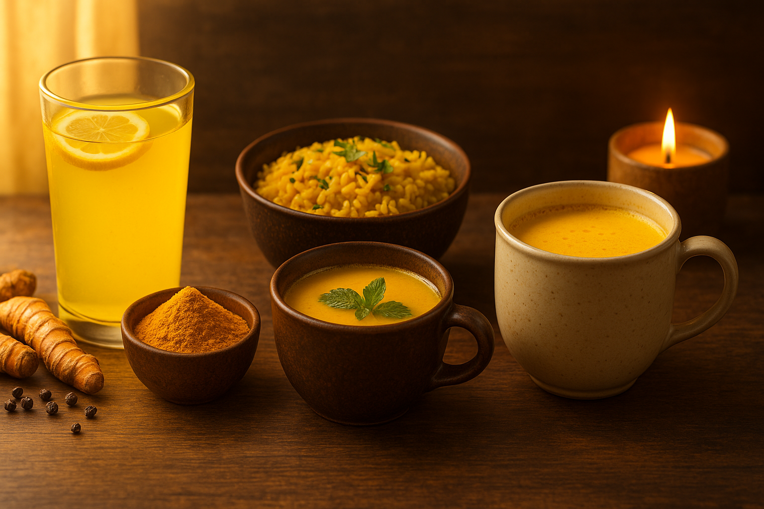 Realistic Ayurvedic scene showing daily turmeric rituals from morning lemon water, turmeric meals, to nighttime golden milk with candlelight.