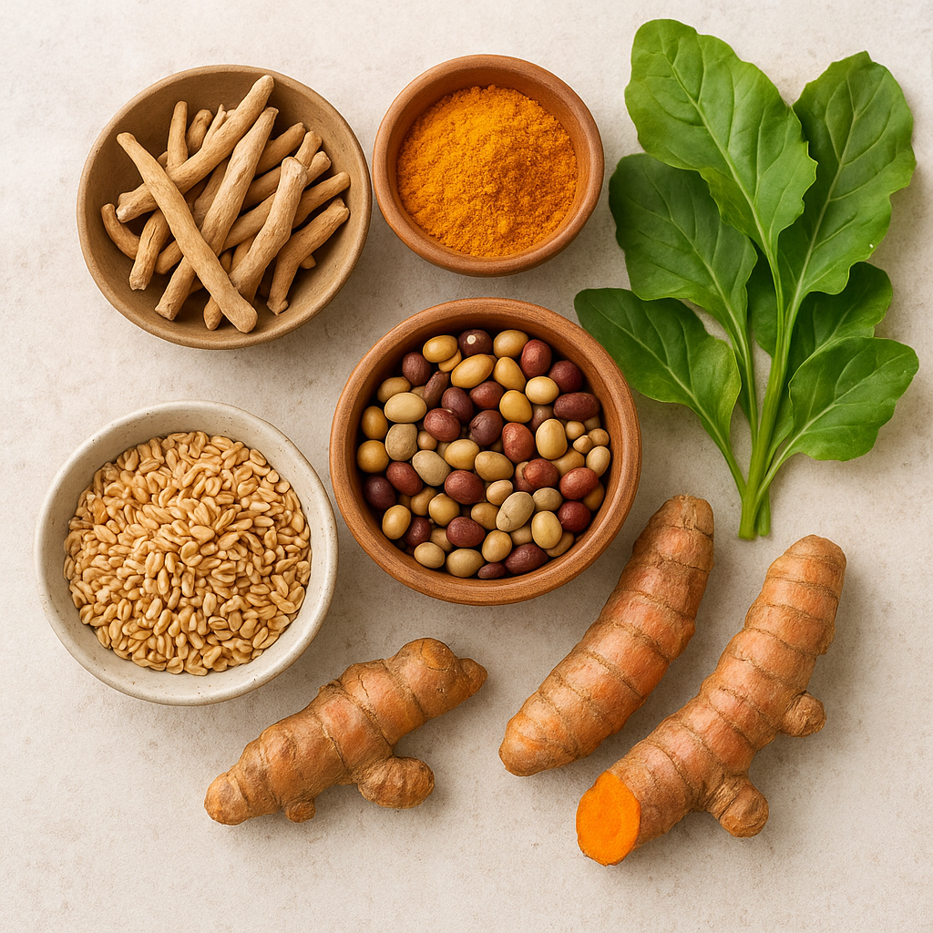 Top view of Ayurvedic herbs and foods including ashwagandha roots, turmeric, shatavari, leafy greens, whole grains, and legumes arranged on a natural background.