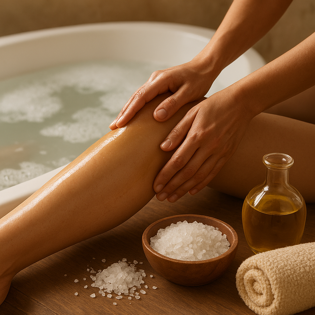 A person massaging oil onto their leg beside a bathtub filled with Epsom salt water, with a bowl of salt and a bottle of oil nearby.