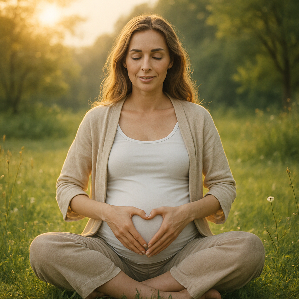 A serene pregnant woman sitting cross-legged on a grassy meadow, hands gently forming a heart shape over her belly under soft golden sunlight.