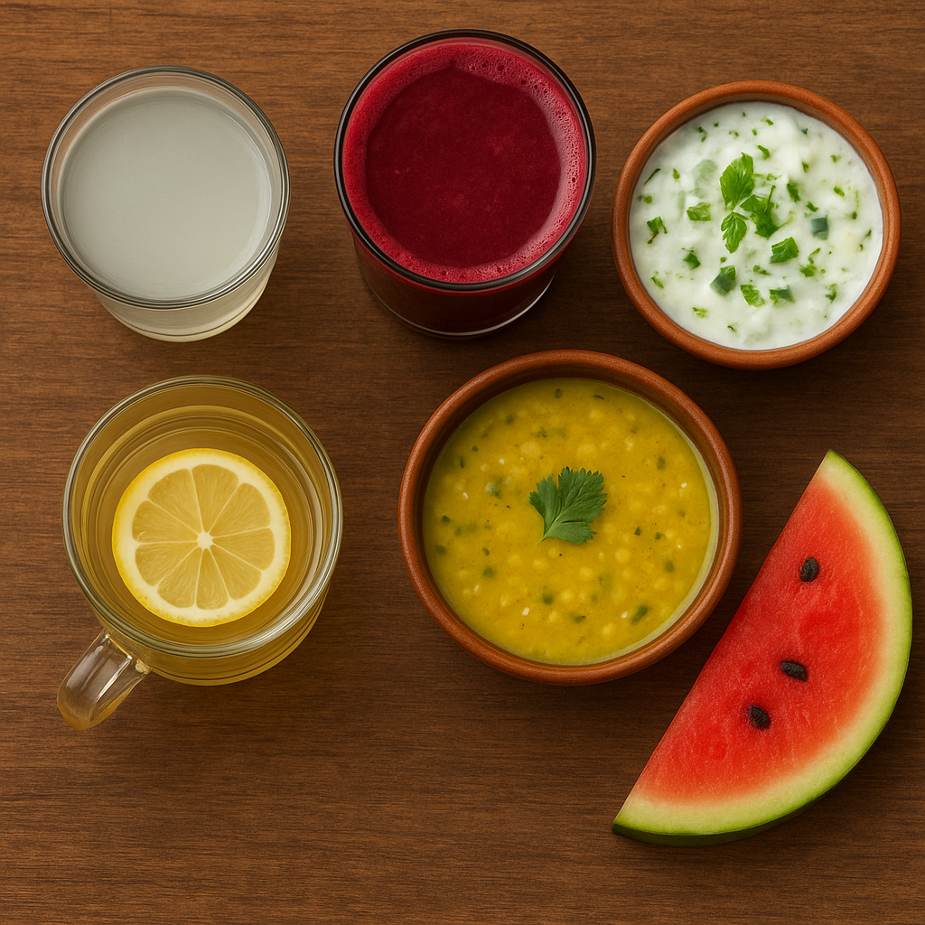A top view of coconut water, beetroot juice, cucumber raita, moong dal soup, a watermelon slice, and a glass of warm water with honey and lemon arranged neatly on a wooden surface.