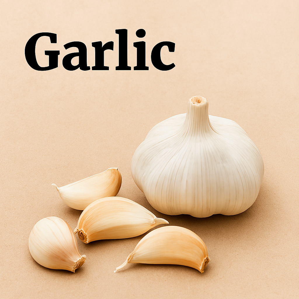 Whole garlic bulb and peeled cloves arranged on a warm beige background with bold text reading “Garlic” — styled for wellness and nutrition education.