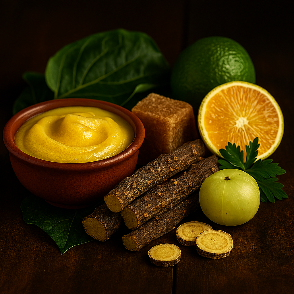 Close-up of golden ghee in a terracotta bowl, jaggery block on spinach leaves, sliced orange and lime, fresh leafy greens, and whole and halved amla berries arranged on a dark wooden surface with warm lighting.