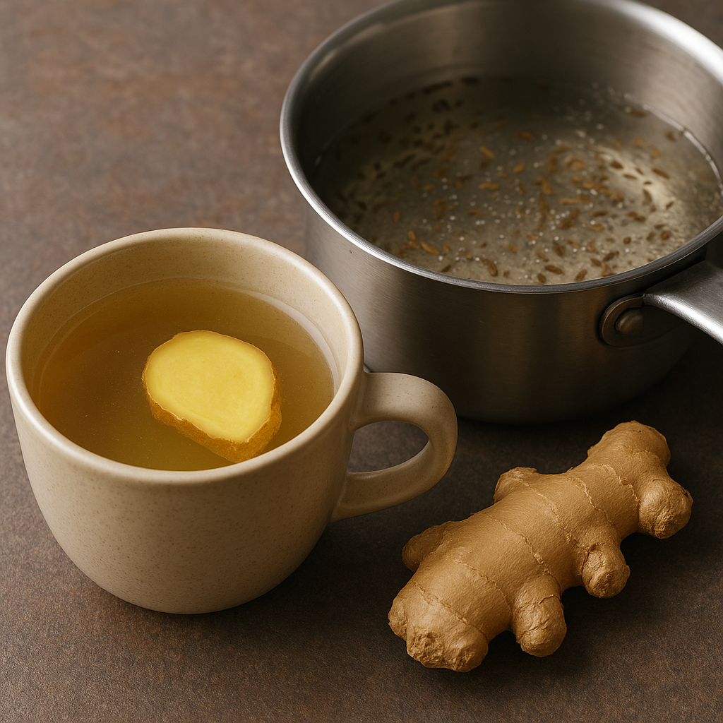 A cup of ginger tea beside a saucepan boiling cumin seeds, with a piece of fresh ginger on a brown countertop.