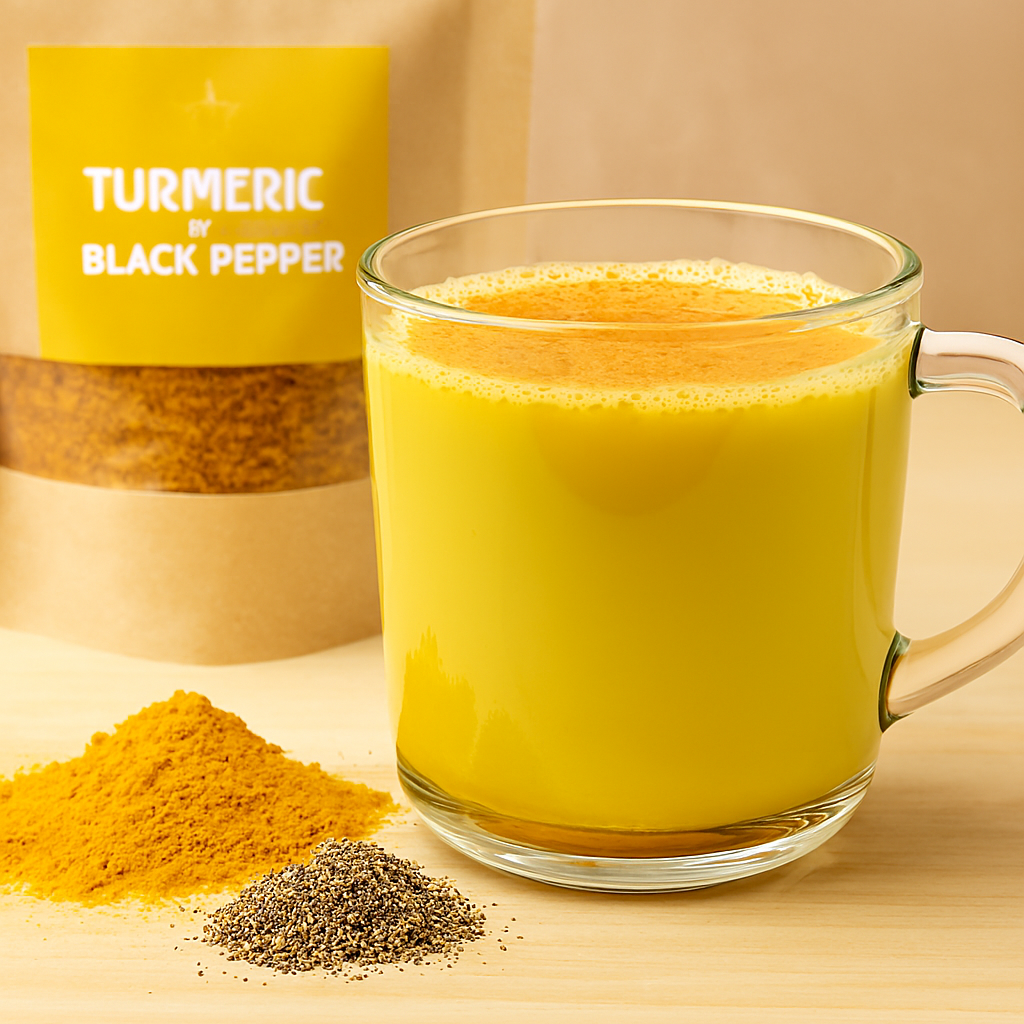 Close-up of a clear glass mug filled with golden turmeric milk, topped with a sprinkle of black pepper, with turmeric powder and ground pepper arranged nearby on a light wooden surface.
