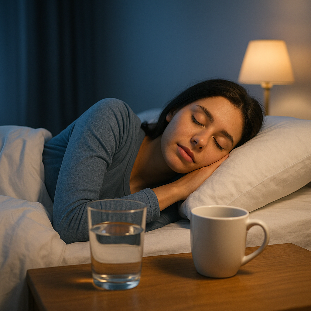 A woman sleeping calmly on her pillow with a glass of water and a mug on the bedside table, symbolizing healthy sleep habits and limiting caffeine and alcohol.