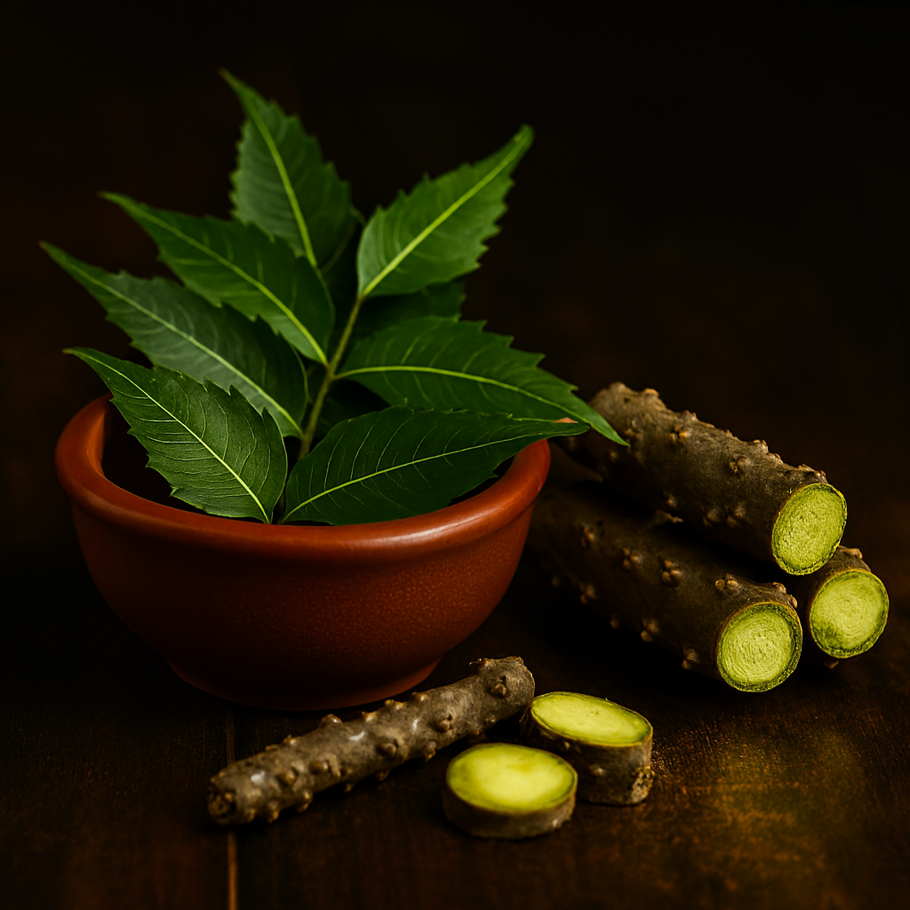 Close-up of fresh neem leaves in a terracotta bowl and cut Guduchi (Tinospora cordifolia) stems with green interiors, arranged on a dark wooden surface with warm lighting and a blurred background.