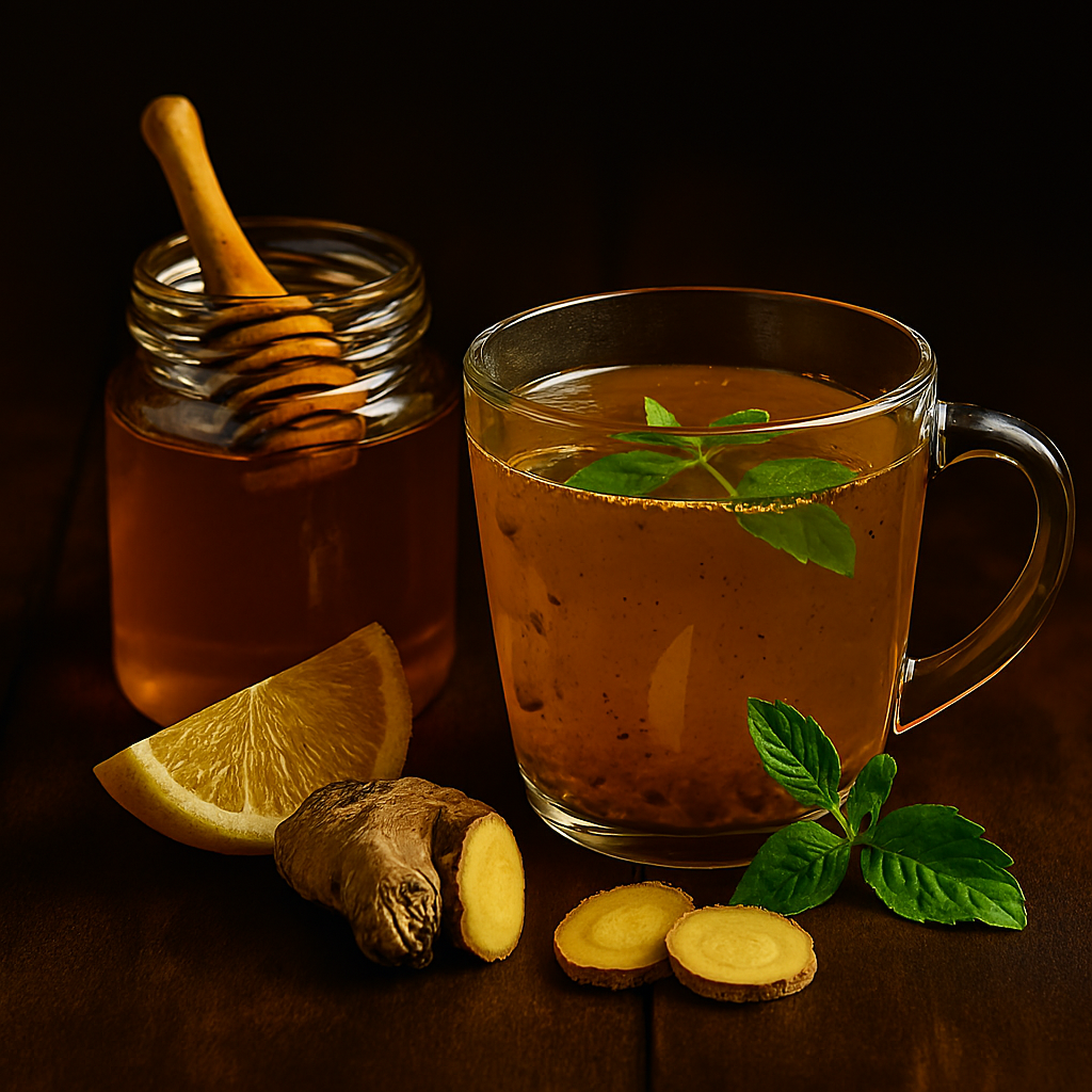 A clear glass mug of tulsi-ginger tea with floating fresh basil leaves, beside a jar of honey with a wooden dipper, ginger root slices, and a lemon wedge, arranged on a dark wooden surface with warm lighting.