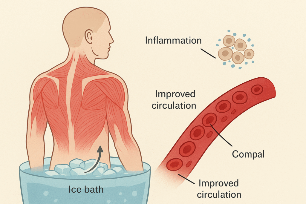 Medical illustration showing a human body in an ice bath with visible muscles, blood vessels, and inflammation markers cooling down, highlighting improved circulation and reduced inflammation.