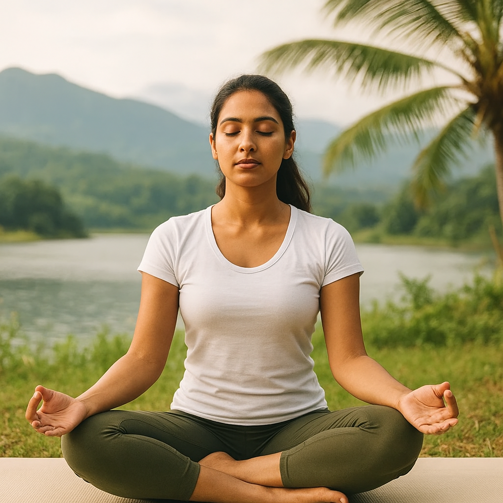 Woman meditating outdoors in India surrounded by lush greenery and mountains, representing wellness tourism.