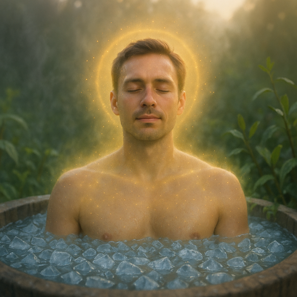 Person relaxing in ice bath with glowing aura symbolizing endorphin release and stress relief benefits.