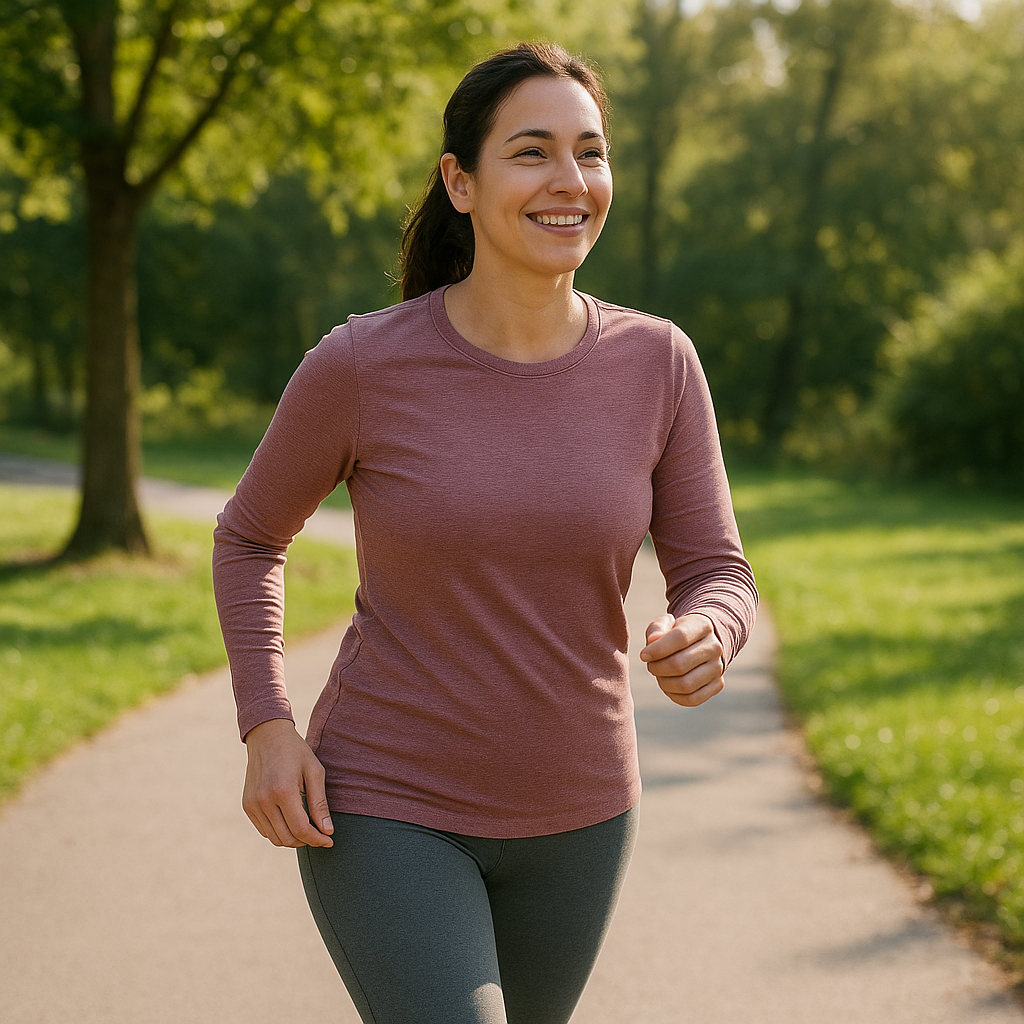 Woman walking briskly along a park path on a sunny morning, representing fresh-air exercise or indoor treadmill alternatives.