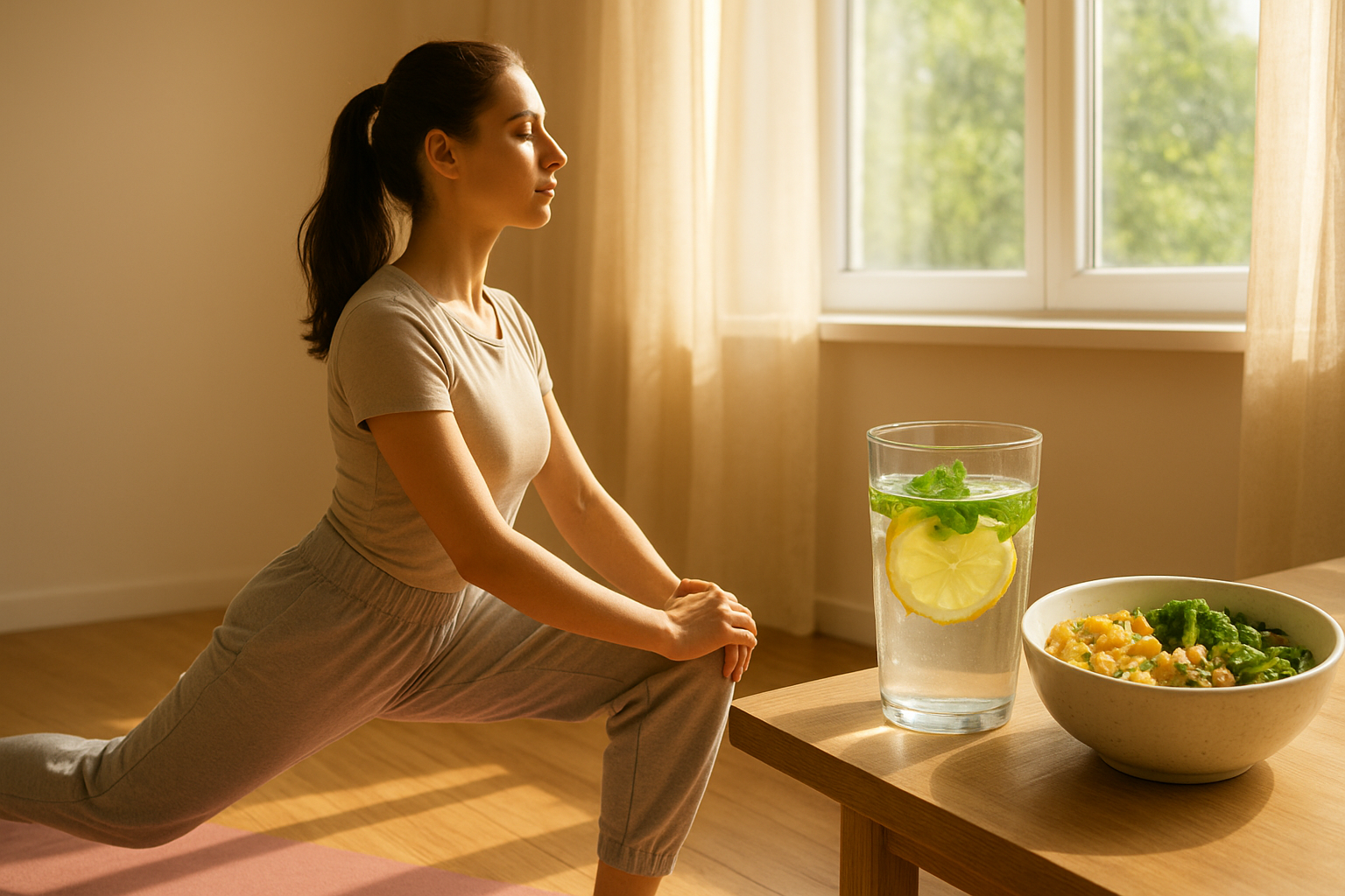 Woman practicing morning yoga beside a window with a glass of lemon-mint herbal water and an Ayurvedic breakfast bowl.